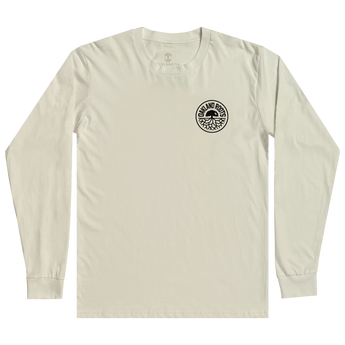 Front image of ecru long sleeve t-shirt with Roots crest in black on wearer's left chest.