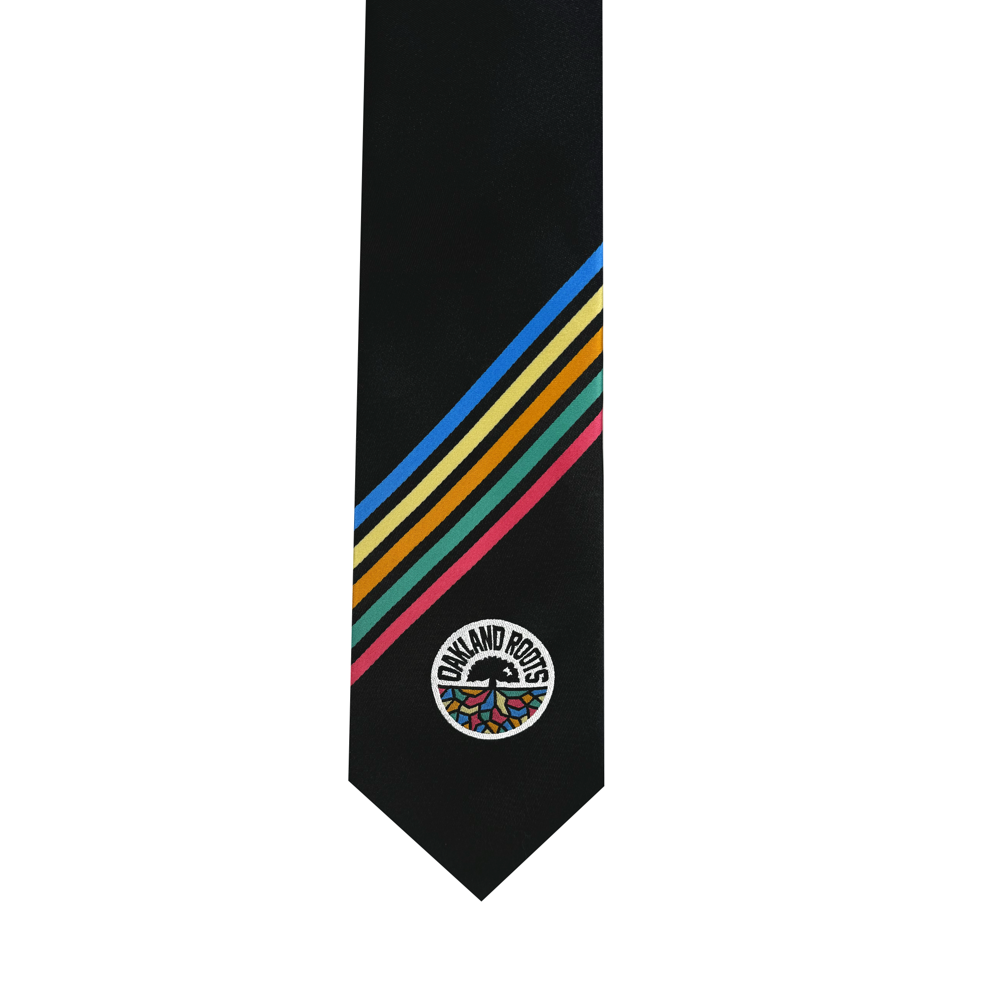 The Oakland Roots SC Tie, by Oakland Roots SC, features a black background with five diagonal stripes in yellow, blue, green, red, and pink adorning the left side. Near the bottom tip is an embroidered circular logo of the Oakland Roots that encircles a multicolored tree design, capturing the essence of Oaklandish style with a commitment to social good.