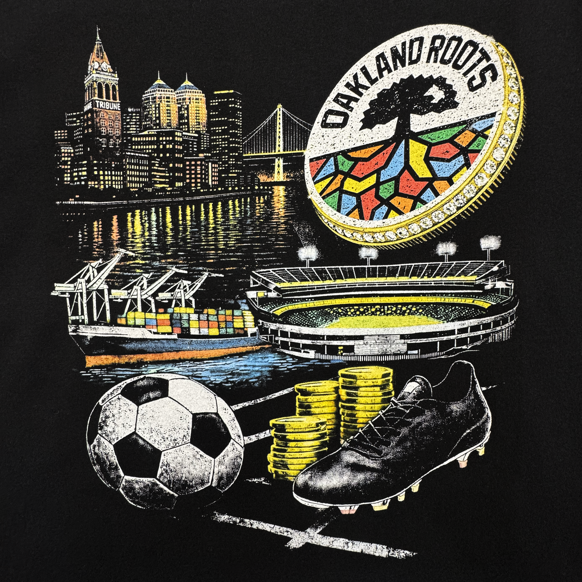 The Wager Tee by Oakland Roots SC features an illustration of Oakland’s night skyline, stadium, container ship, gold coins, soccer ball, black cleat, and the vibrant club logo—perfect for any fan’s wardrobe.