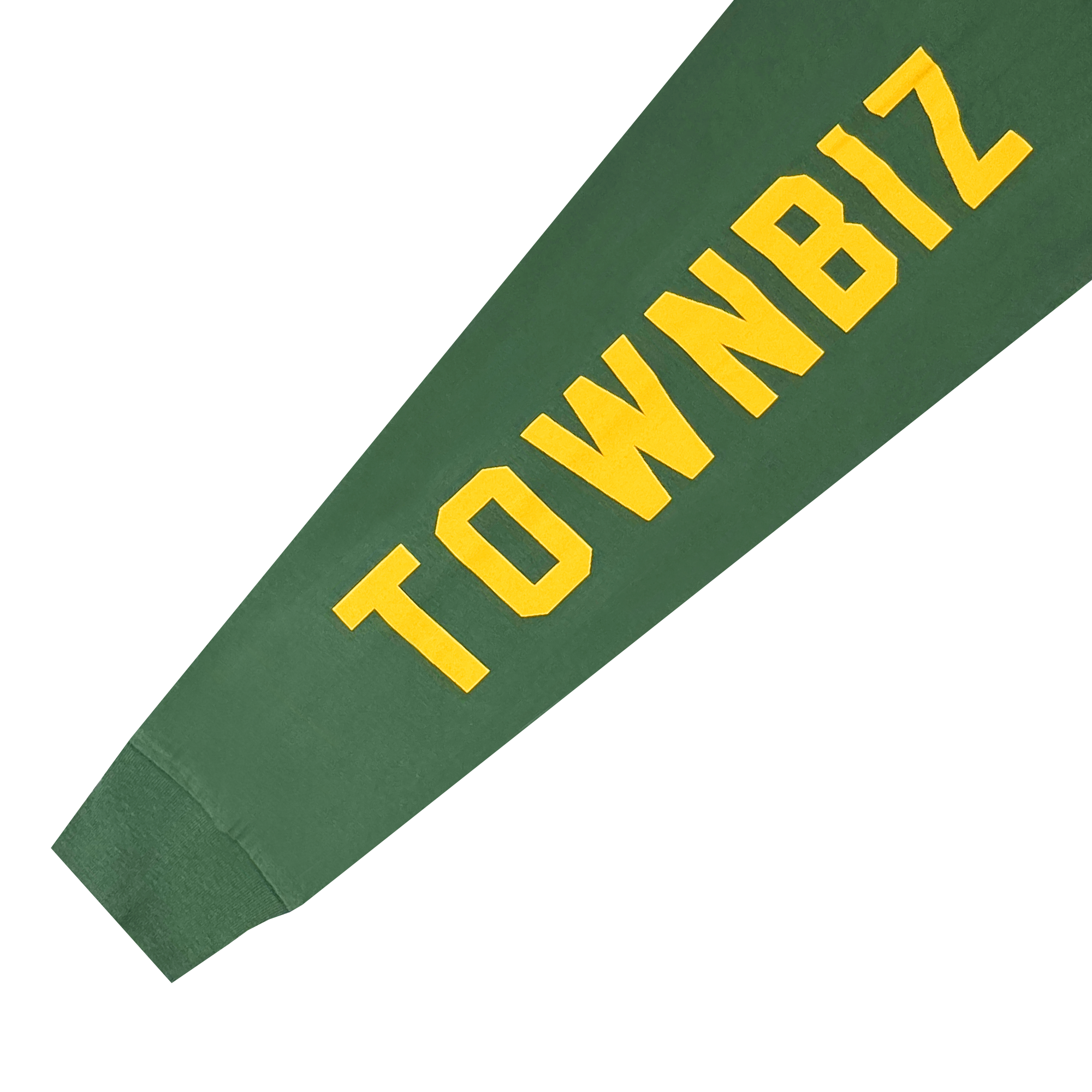 The Oakland Roots SC Classic 2.0 LS Tee features "TOWNBIZ" in bold yellow block letters diagonally on the green sleeve—a tribute to Oakland Roots SC and its commitment to community-driven social good.