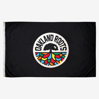 Flat lay of Oakland Roots logo crest 3' x 5' flag