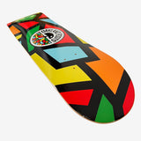Detailed angle of Oakland Roots mosaic print skateboard deck and Oakland roots logo crest.