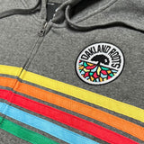 Detailed image of gunmetal Heather full zip hoodie with green, blue, red, orange and yellow stripes and full-circle Roots SC mosaic logo on the chest.