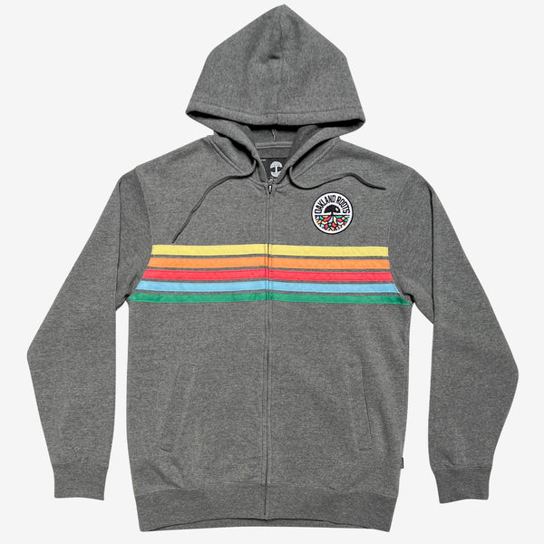 Gunmetal Heather full zip hoodie with green, blue, red, orange and yellow stripes and full-circle Roots SC mosaic logo on the chest.