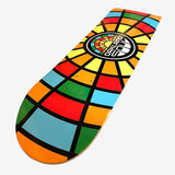 Detailed close-up of the underside of skateboard deck with full-color Oakland Soul mosaic colors and round logo mark