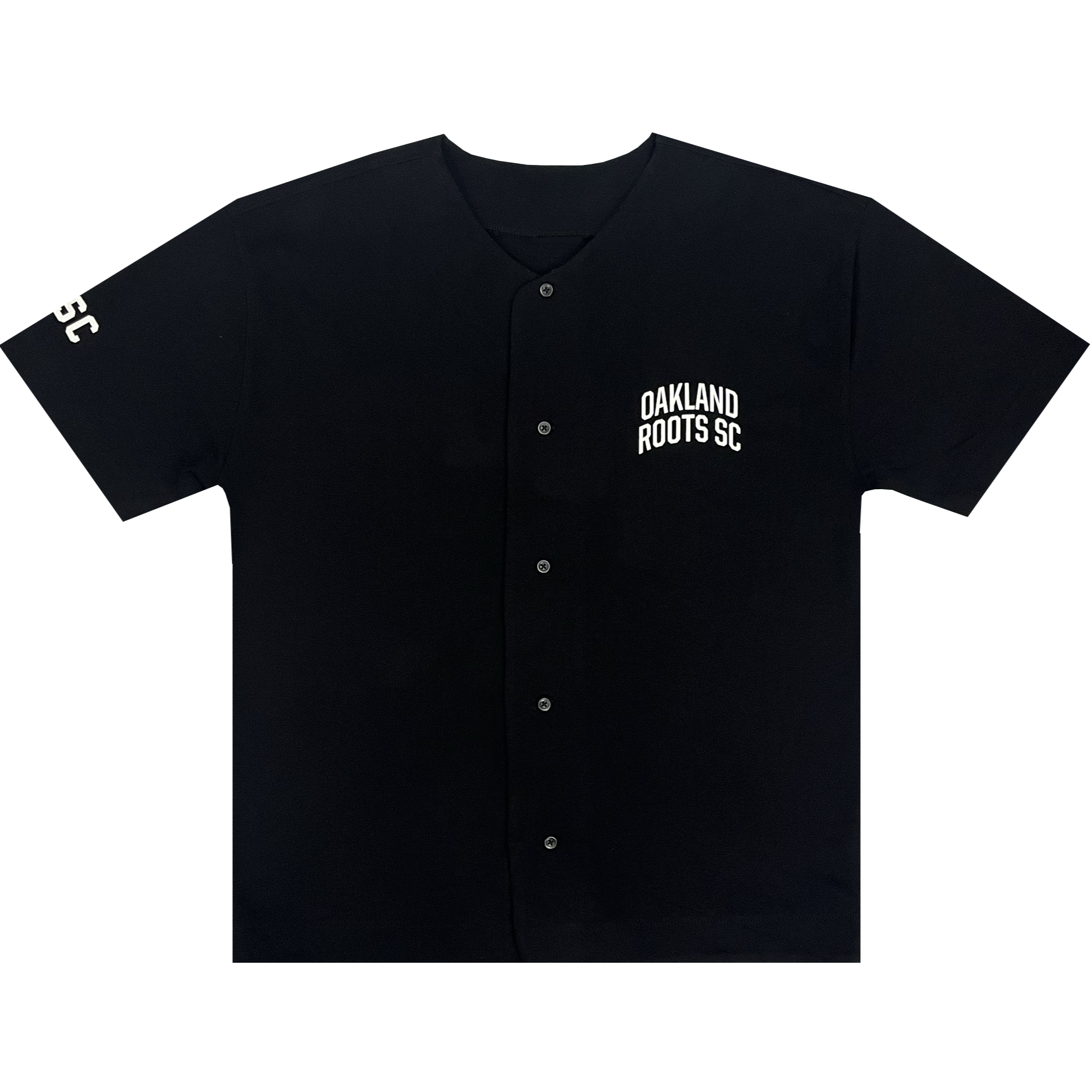 Black button-up baseball jersey with white OAKLAND ROOTS SC wordmark on the left chest.