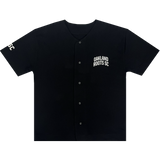 Black button-up baseball jersey with white OAKLAND ROOTS SC wordmark on the left chest.
