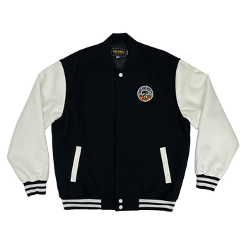 Black varsity jacket with white sleeves and black and white striped trim with full-color Oakland Roots logo on the left chest wearside.
